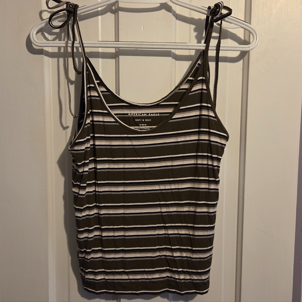 American Eagle Outfitters Olive and White Striped Tie-Shoulder Tank